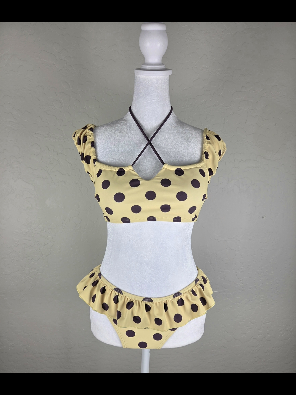 Polka Dot Ruffle Bikini Set - Yellow & Brown